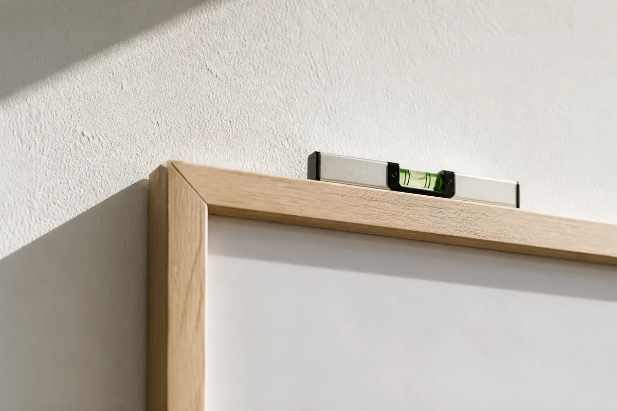 Cadre en bois clair accroche droit sur un mur blanc avec lumiere rasante