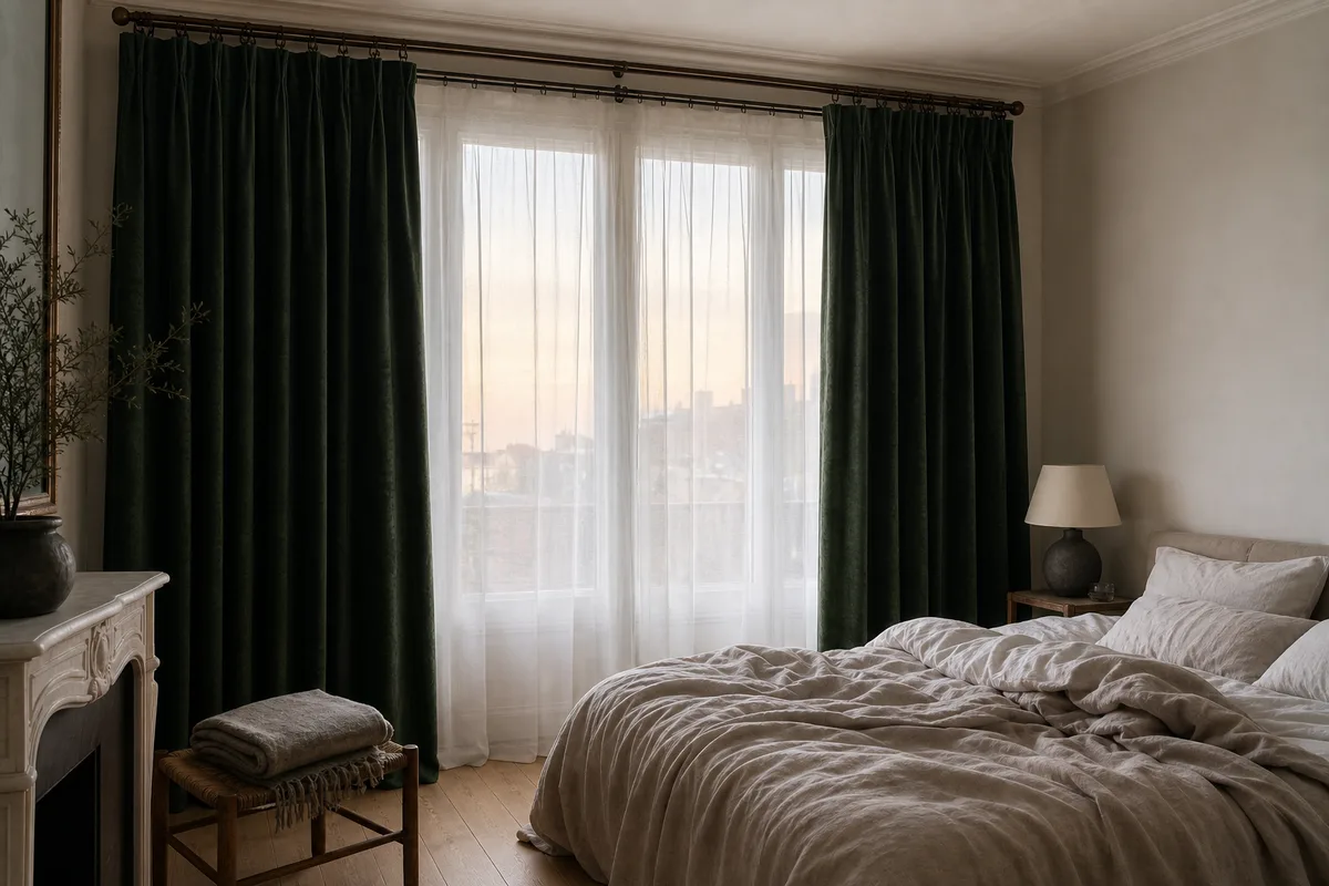Chambre avec rideaux occultants en velours tirés à moitié devant un voilage léger