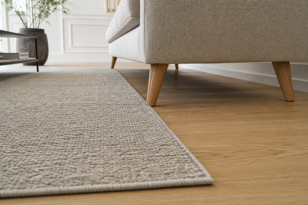 Tapis de salon disposé sous les pieds avant d un canapé dans un séjour lumineux