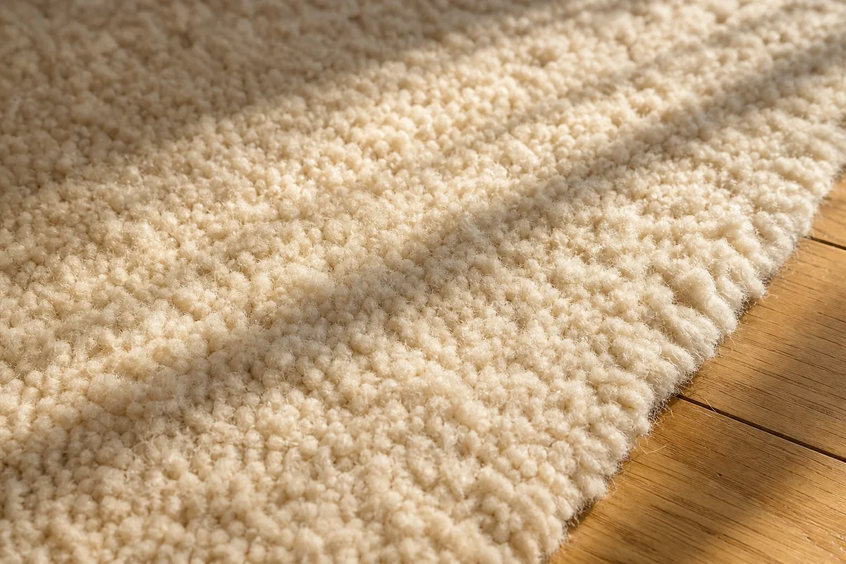 Détail des fibres d un tapis en laine tissé main sur un parquet clair