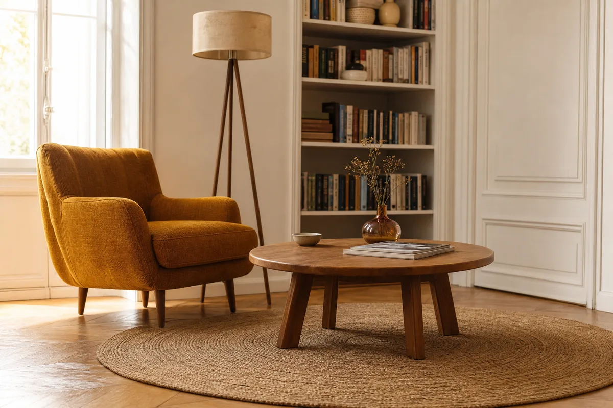Tapis rond sous une table basse ronde dans un coin lecture avec fauteuil