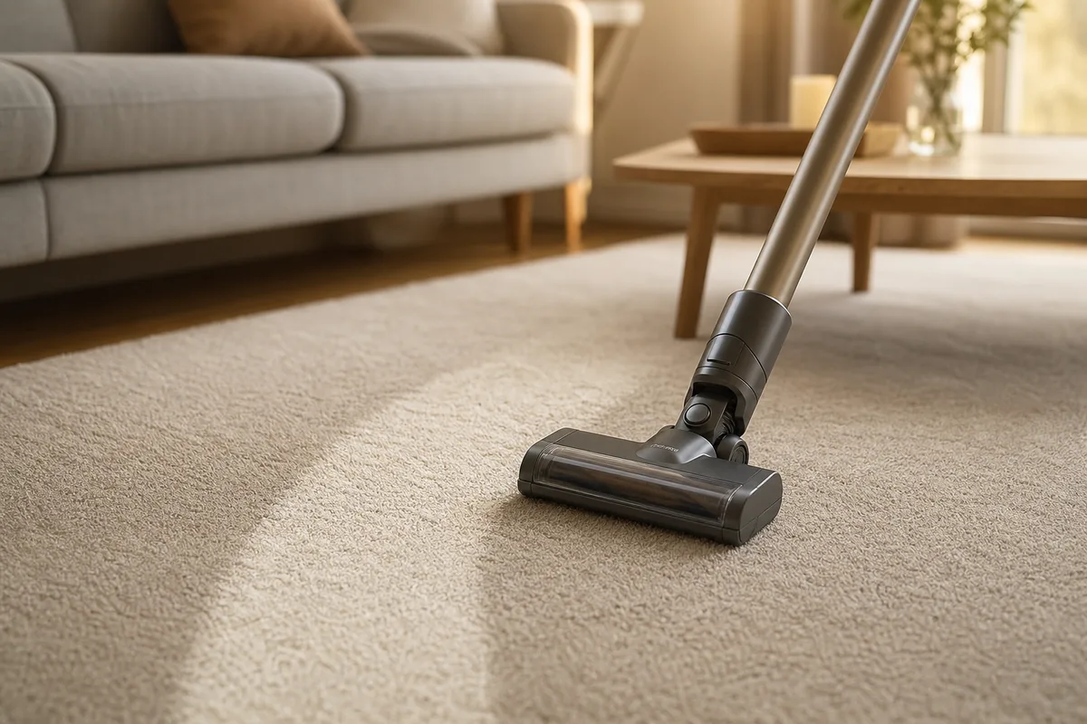 Aspirateur passant sur un tapis clair dans un salon ordonné en fin de journée